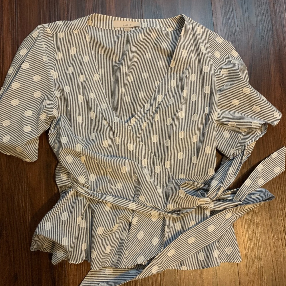 Loft Striped Wrap Flutter Sleeve Blouse Medium